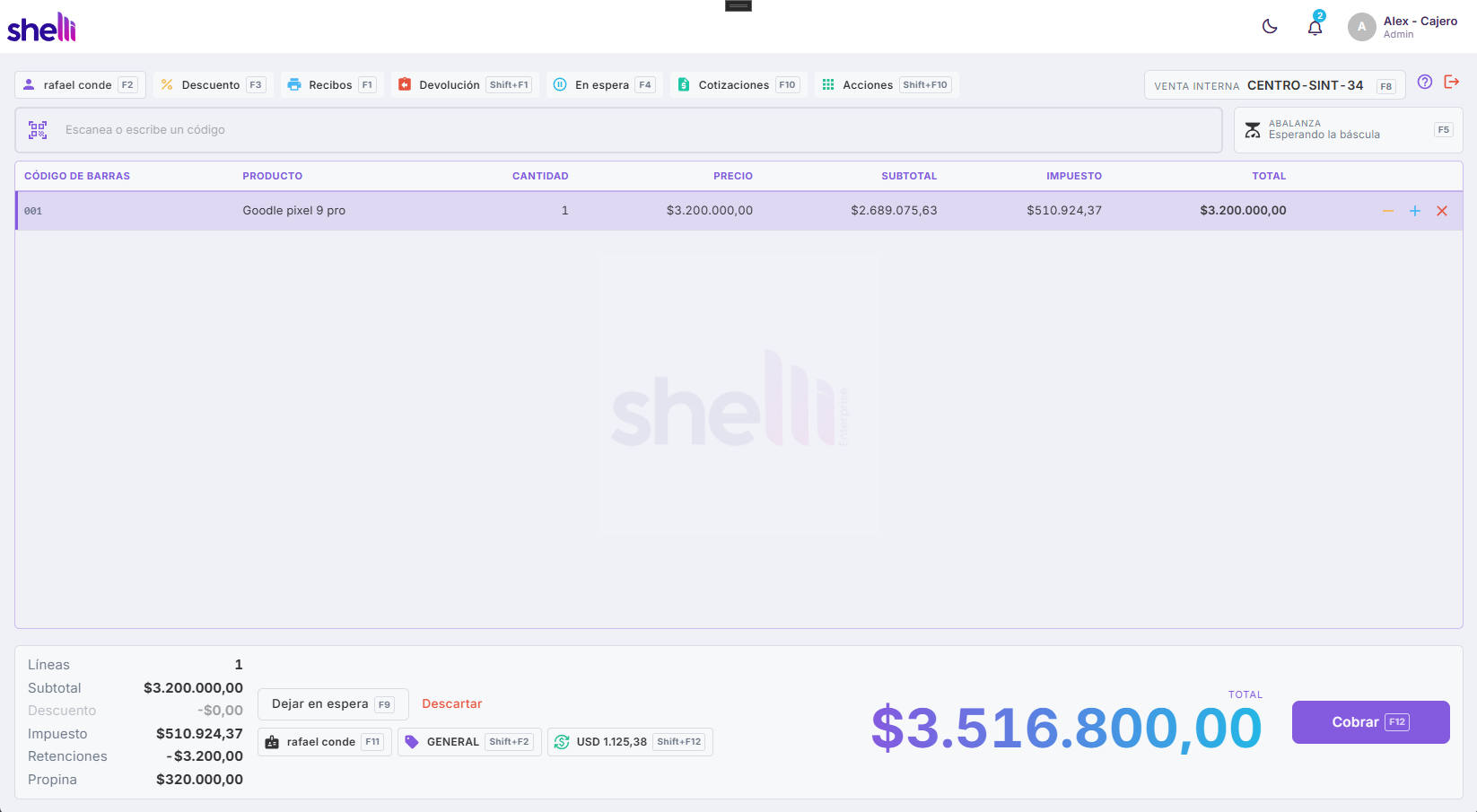 The Shelli till in the middle of a sale: the scan box, a line with its tax and total, the scale waiting on the counter, the price list and the second currency.
